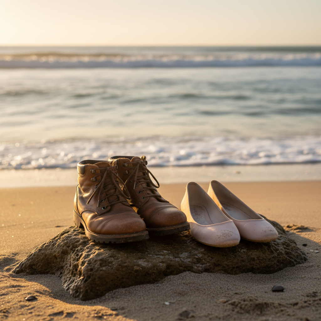 A pair of worn leather boots and delicate, sand-dusted ballet flats sit together on a weathered shoreline rock, close to where small waves lap at the edge. The boots are rich brown with softened creases; the flats are pale blush with faint scuffs. Golden hour sunlight skims across the scene from the side, creating a warm glow on the rock’s textured surface and soft highlights on the shoes. The distant ocean and horizon dissolve into a blur of blues and golds in the background. Photographic realism, rule-of-thirds composition, and a shallow depth of field convey a sense of shared journey, love, and memory for couples or families without including people.
