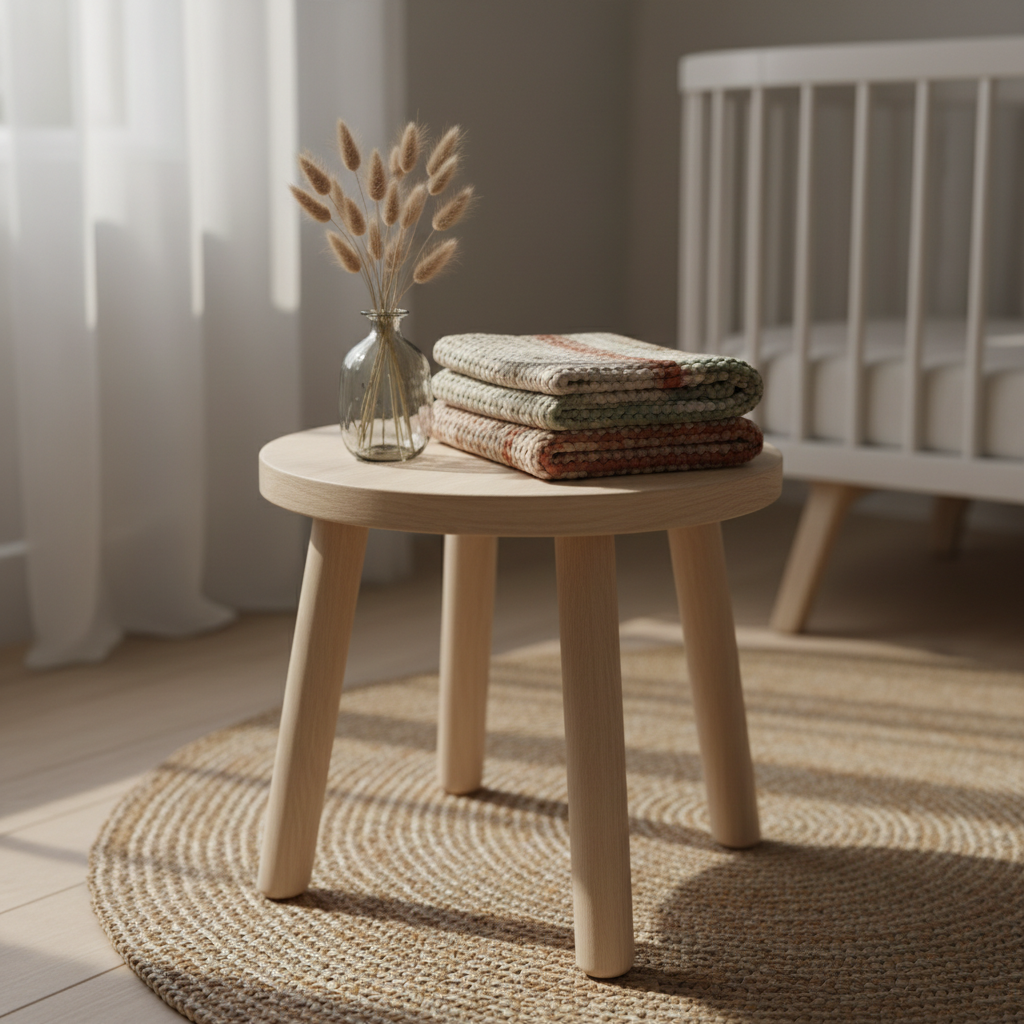 On a round, pale wooden nursery stool, a small glass vase holds a few stems of dried bunny tail grass beside a folded, handwoven baby blanket in muted earth tones. The stool stands on a natural jute rug in a softly lit corner of a room, where sunlight filtered through sheer curtains creates dappled, feathered highlights and shadows on the floor. In the blurred background, the curved edge of a crib rail is just visible. Photographic realism, a gently elevated perspective, and a shallow depth of field create a serene, sophisticated atmosphere that suggests a tender, intimate space for children and family without depicting any people.