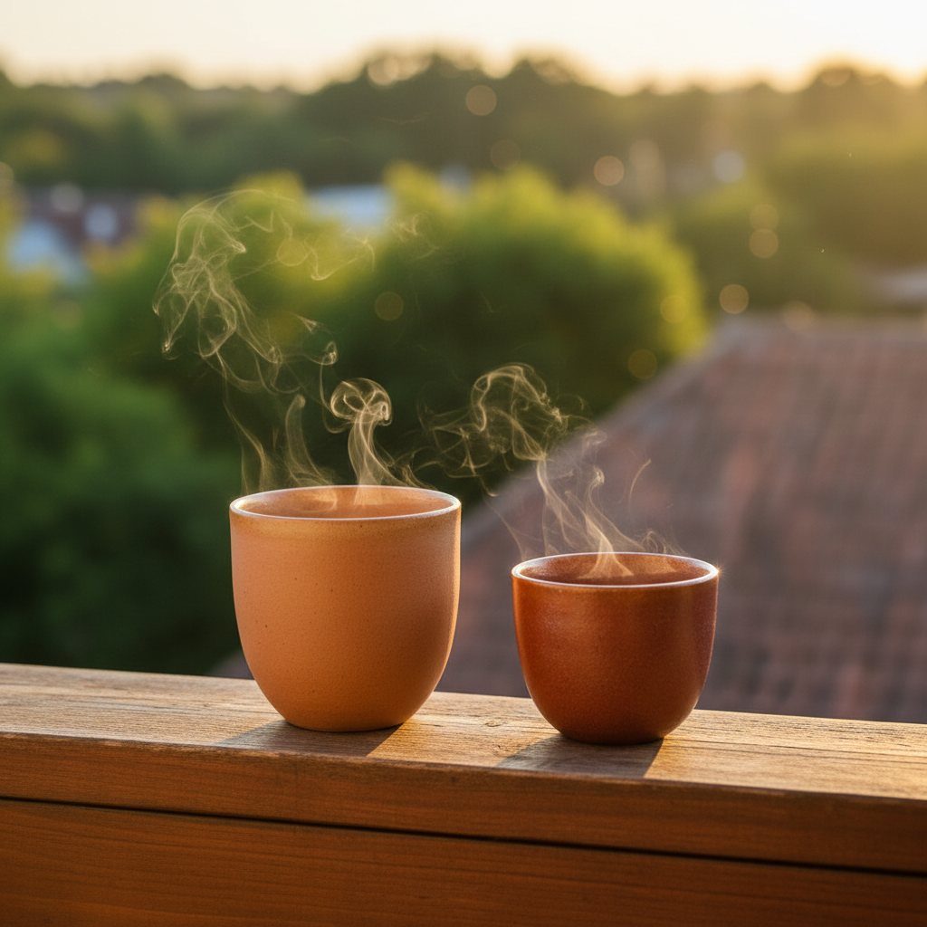 Two ceramic coffee cups, one slightly larger and a shade deeper in tone, rest side by side on a sunlit wooden balcony rail, their surfaces showing subtle imperfections and a soft matte finish. Wisps of steam rise and twist into the cool morning air. Behind them, a blurred view of treetops and distant rooftops is bathed in gentle golden hour light. The low, eye-level composition and photographic realism emphasize the quiet space between the cups, with a shallow depth of field creating creamy bokeh. The atmosphere is calm, intimate, and reflective, symbolizing close connection and shared moments without depicting any human figures.