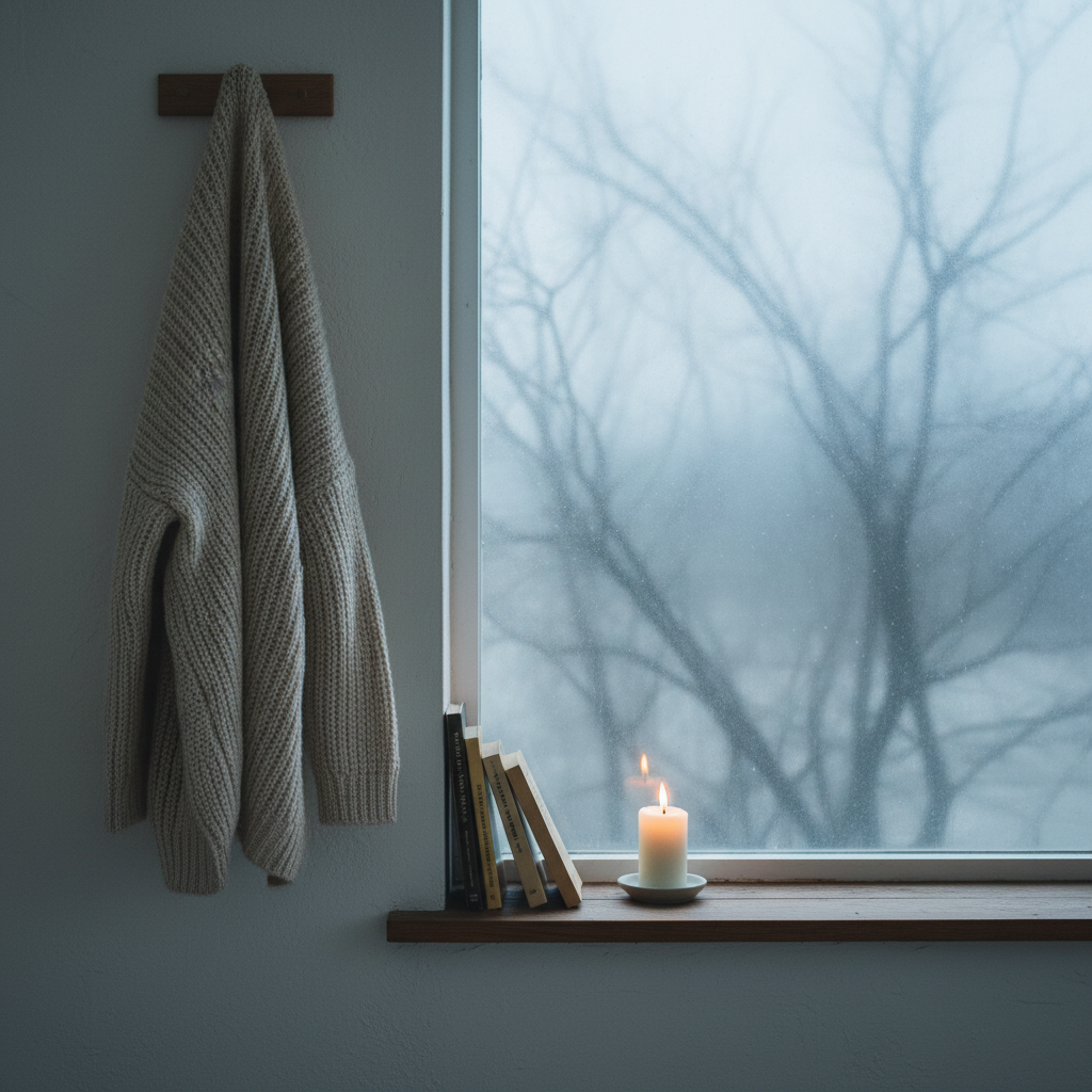 A simple, oversized wool cardigan hangs from a peg on a whitewashed wall beside a large, slightly fogged window. On the windowsill, a stack of dog-eared paperbacks and a small, softly burning candle create a quiet vignette. Outside, only an abstract blur of winter branches is visible. Cool, diffused afternoon light filters through the glass, contrasted by the candle’s small pool of warmth, creating gentle, layered shadows. Captured in photographic realism with an eye-level view and clean, minimalist composition, the mood is introspective, calm, and deeply personal, evoking the inner life and emotional depth of individual portrait sessions without showing any human subject.