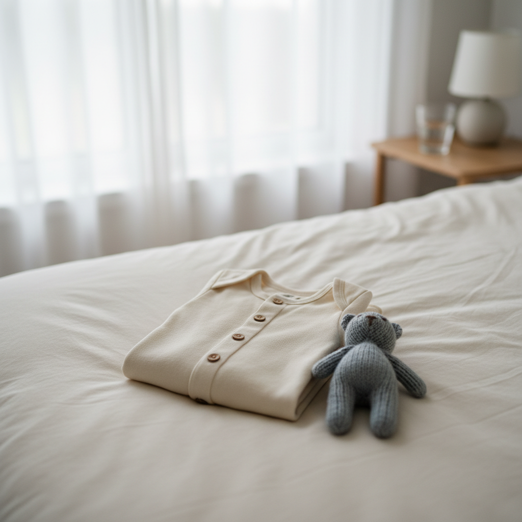 A neatly folded, pale cotton baby onesie with tiny wooden buttons rests atop a slightly rumpled, cream-colored duvet on a low bed. Next to it lies a small, well-loved knitted toy, its yarn texture soft and muted. The bed is positioned close to a large bedroom window, where overcast daylight diffuses through sheer curtains, wrapping the scene in quiet, even illumination. The background shows a blurred bedside table with a glass of water and a simple lamp. Captured in photographic realism from a slightly elevated angle with a shallow depth of field, the mood is tender, anticipatory, and intimate, evoking the emotional depth of maternity and early parenthood.